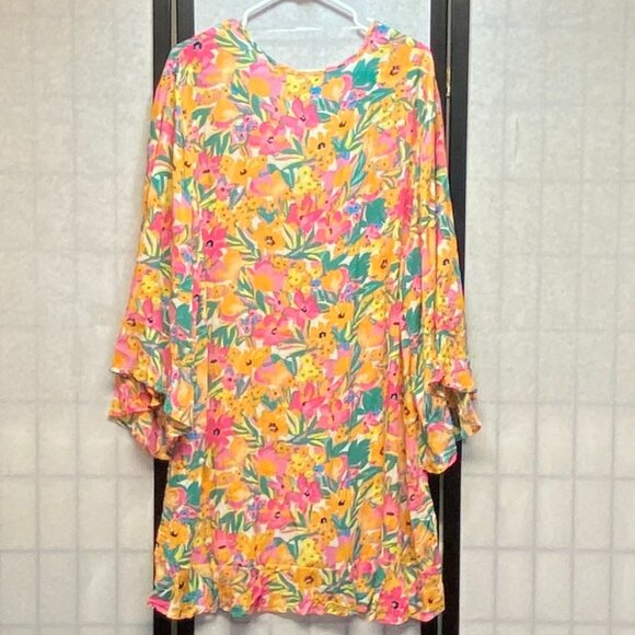 Anne Cole Ruffle Bell Sleeve V Neck Sheer Crinkle Bright Floral Tunic Dress NEW - Picture 2 of 13